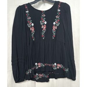 American Eagle Boho Peasant Whimsigoth Floral Embroidered V-Back Blouse M VBlack